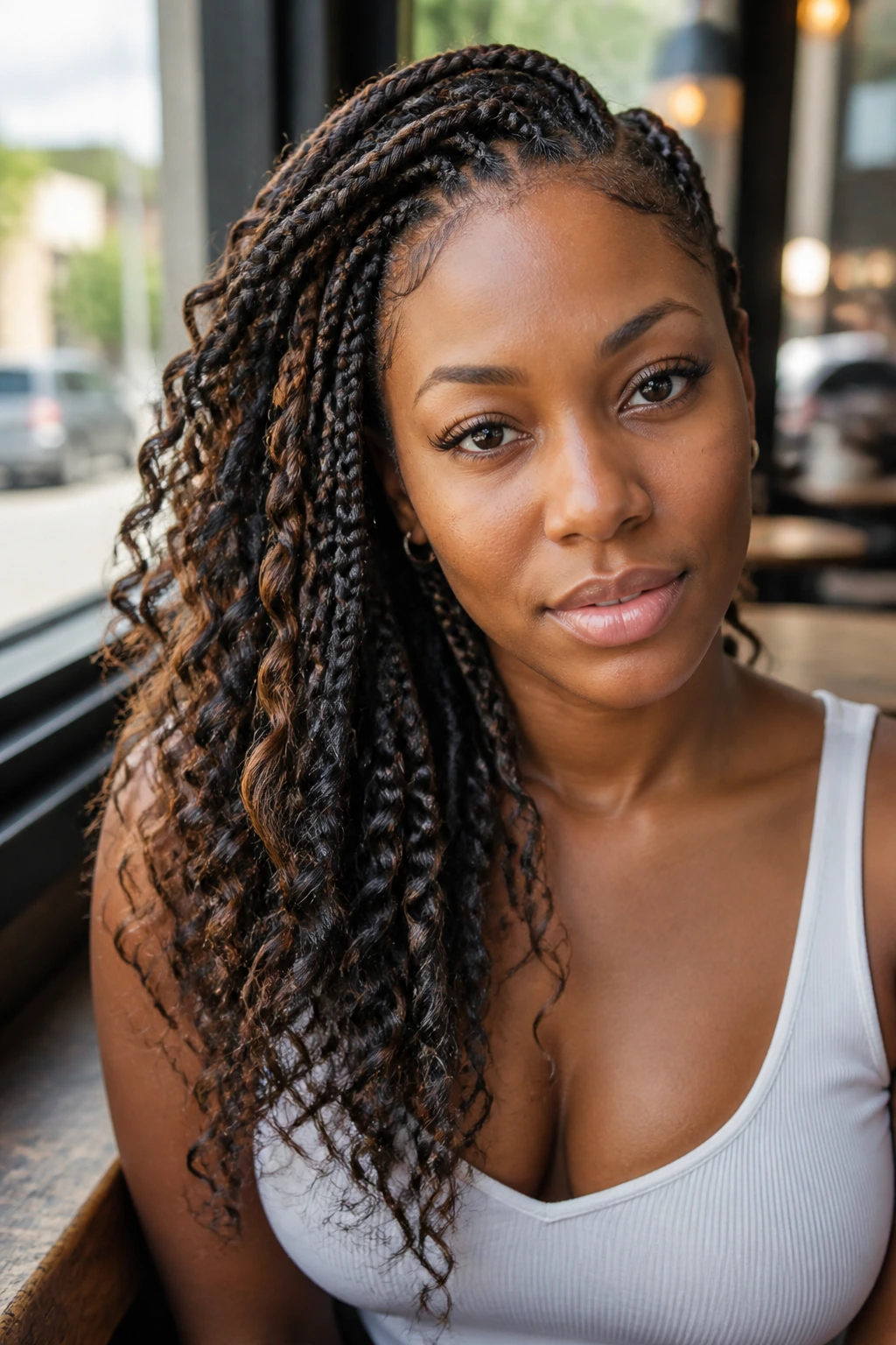 Close-up of half lemonade braids swept over one shoulder on a real woman