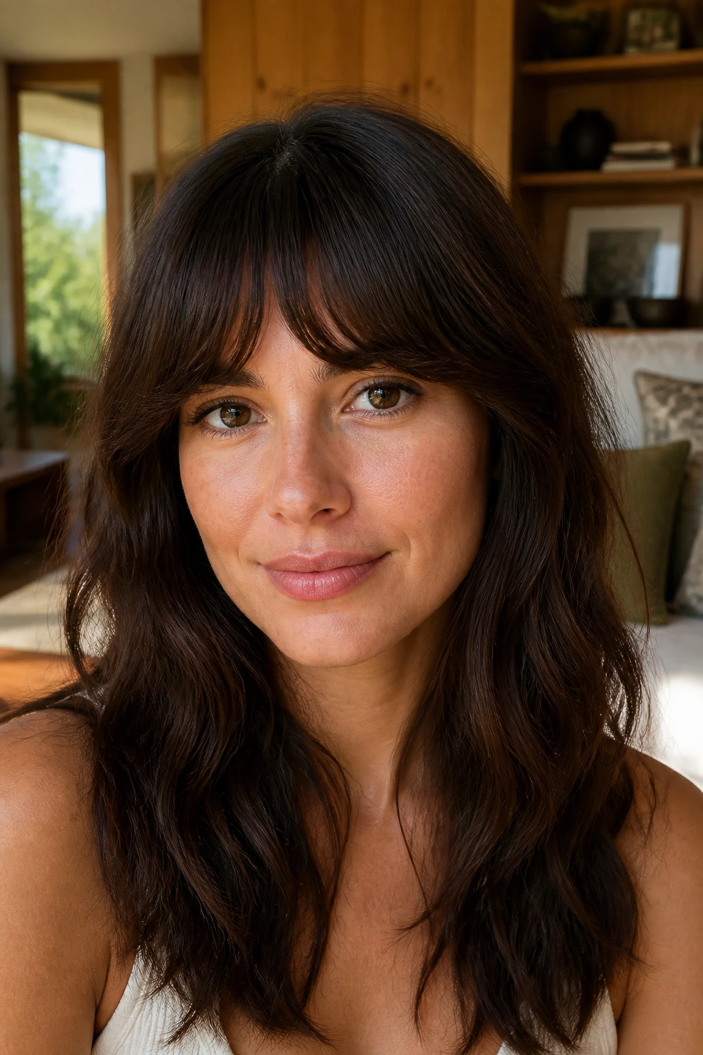 Portrait of brunette with half-moon fringe