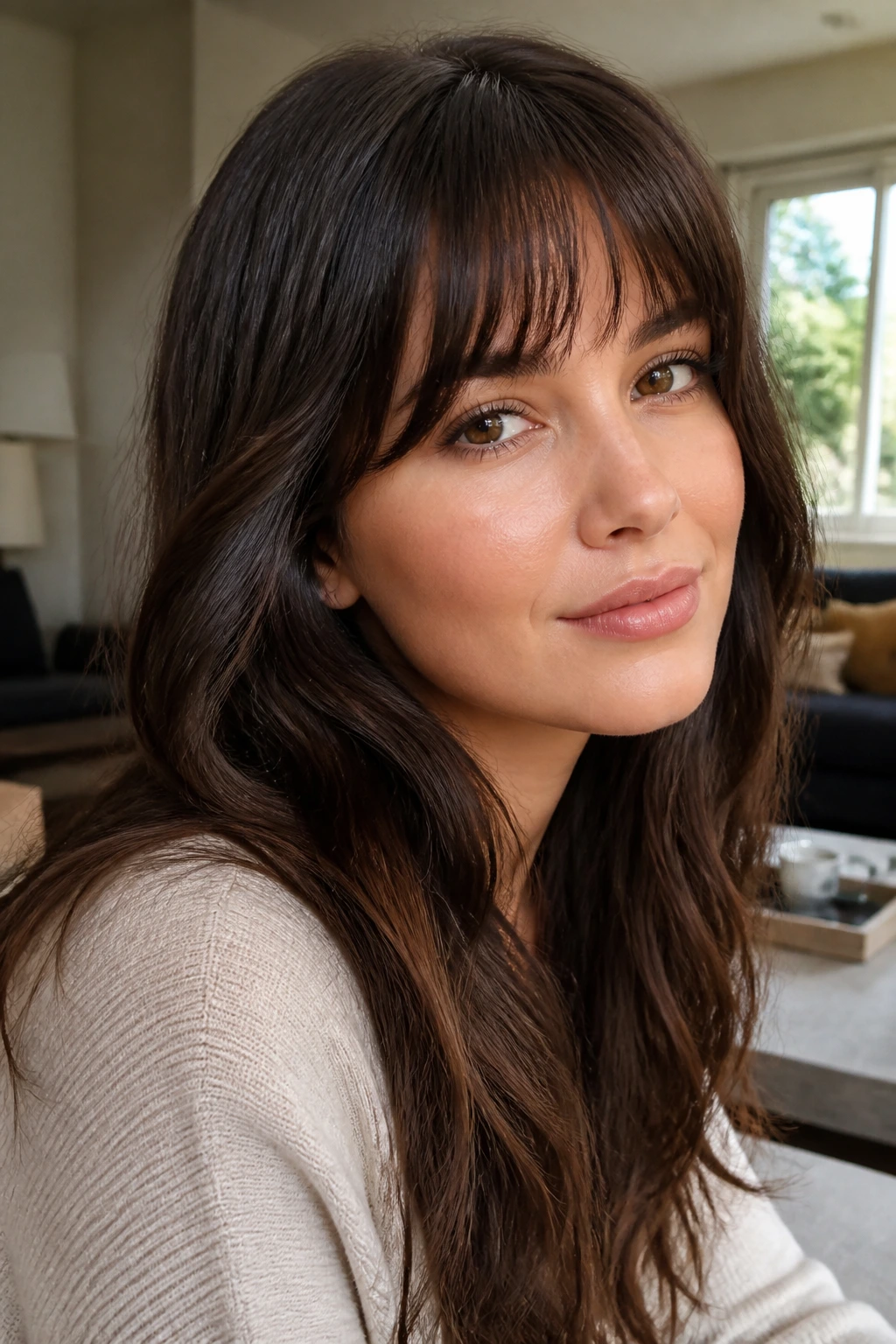 Real woman with half-moon fringe close-up