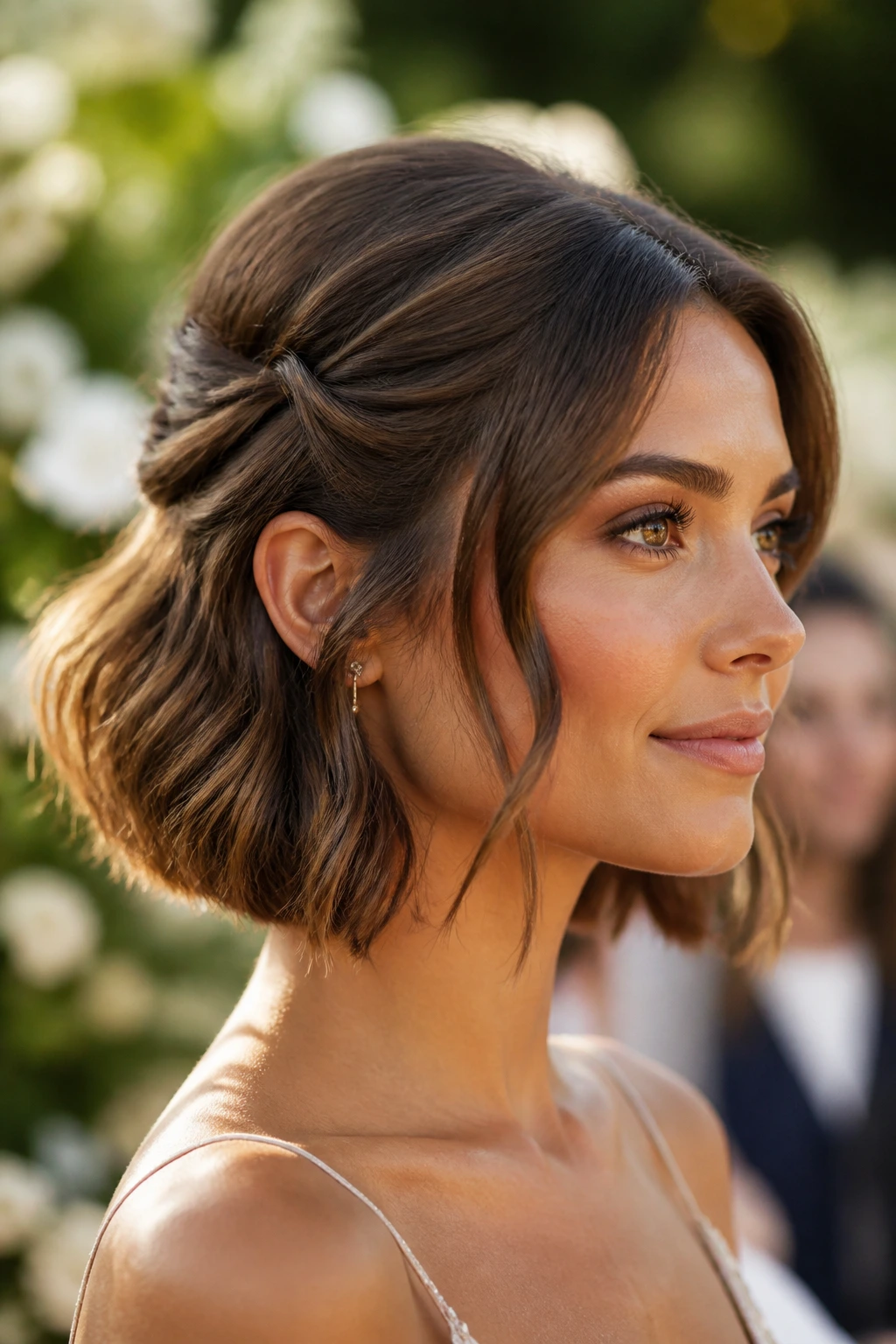Close-up of a real woman with half-pinned romantic bob in outdoor garden setting during golden hour