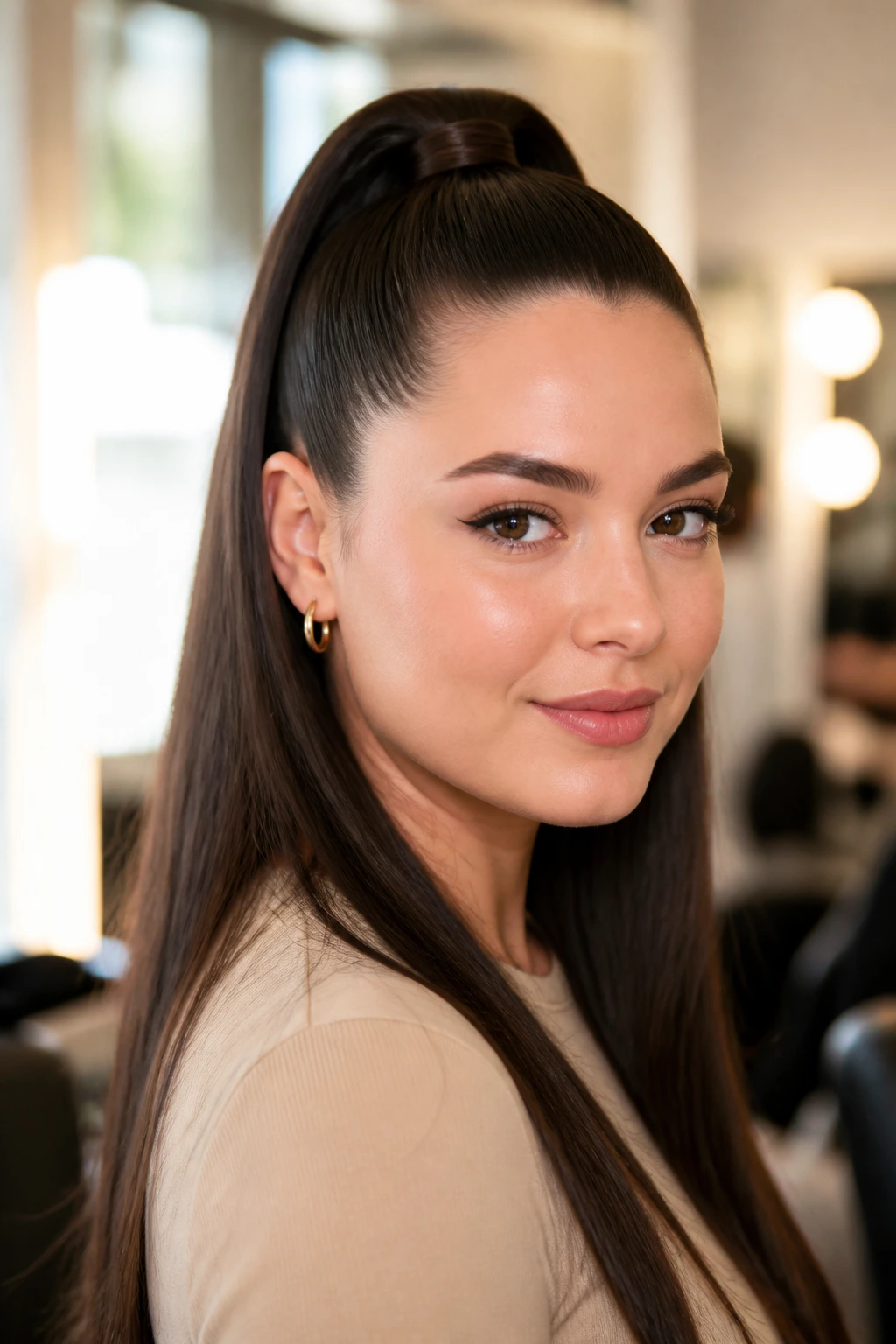 Close-up of a real woman with a high half ponytail and smooth crown under warm window light