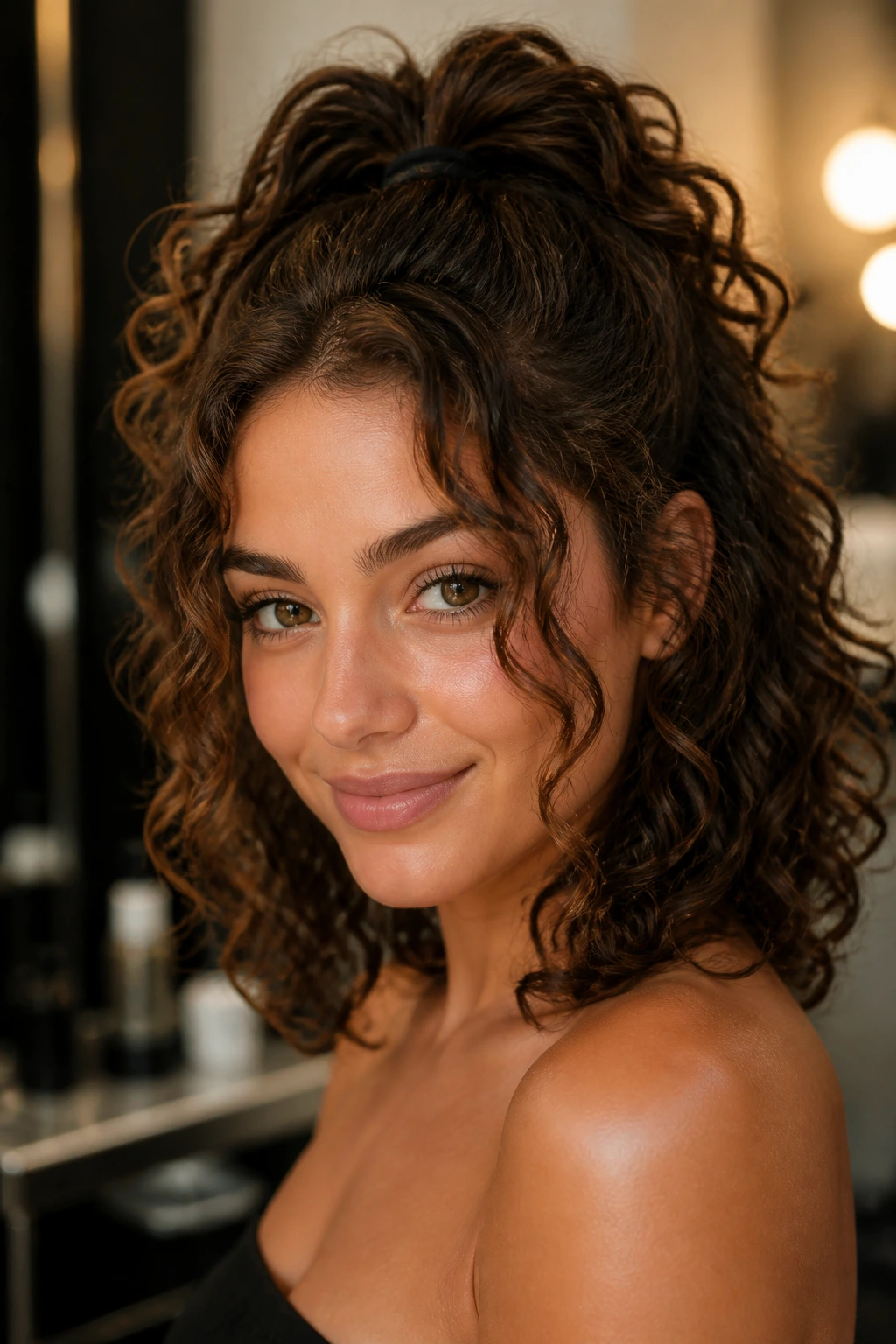 Real woman with curly half-ponytail and crown lift.