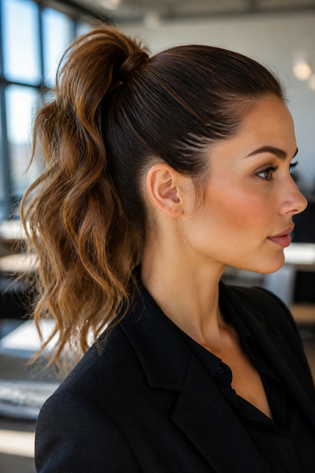 Close-up portrait with half-sleek crown and tousled ponytail