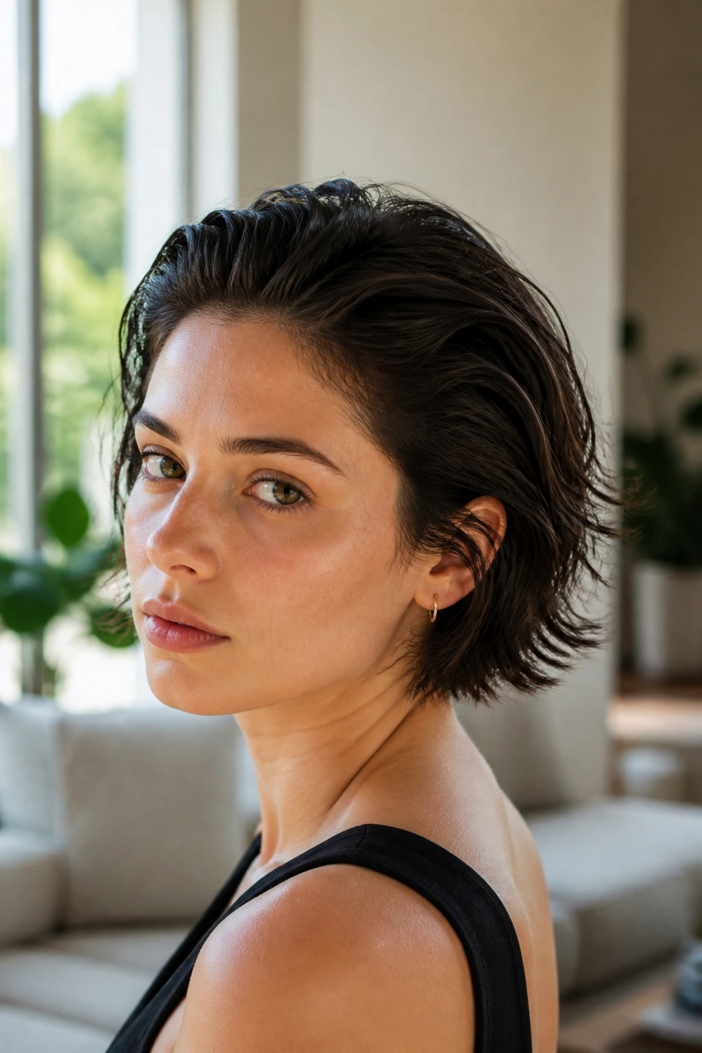 Portrait of a person with half-slick crown and loose ends in bright living room