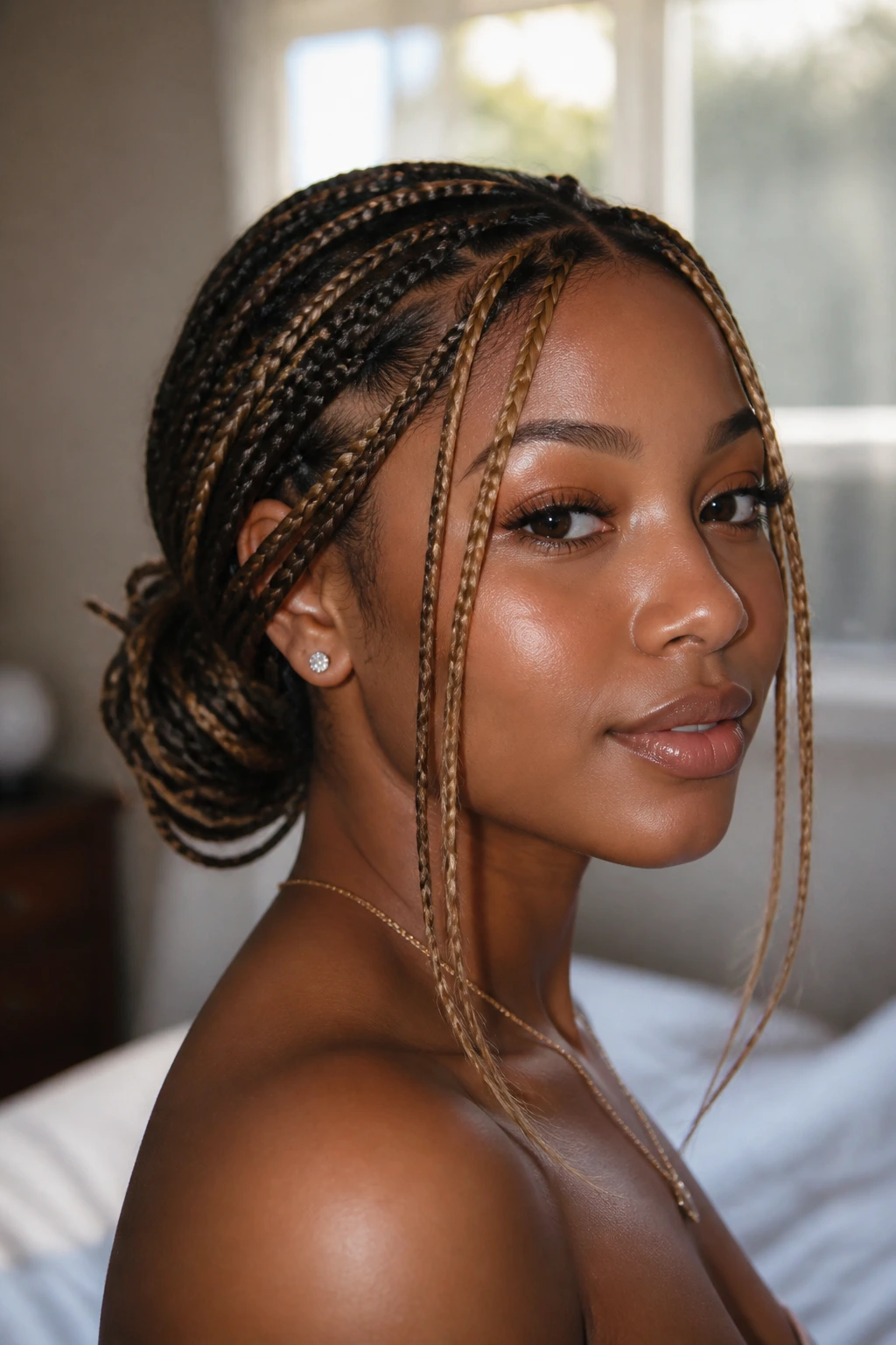 Close-up of a real woman with a half-tucked nape bun and face ribbons, with braid ends peeking out.