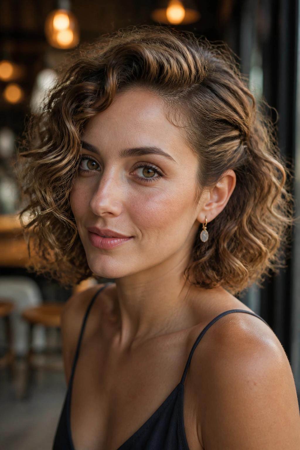 Close-up of a woman with half-tucked curly bob and soft ear jewelry