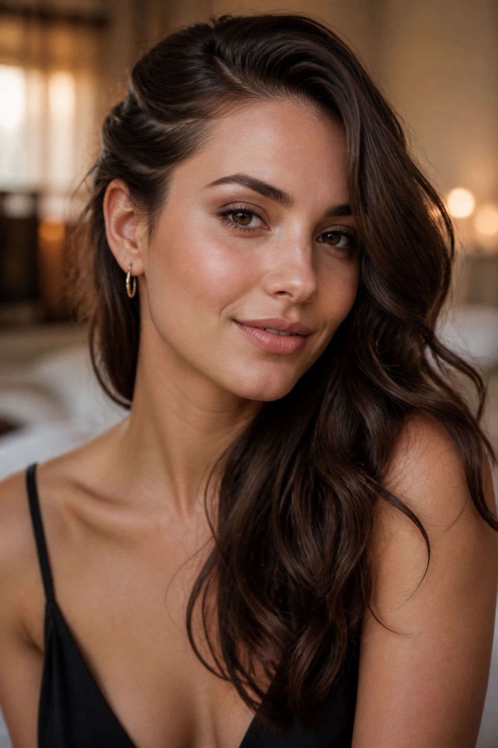 Close-up of a real woman with half-tucked date-night waves, one side tucked behind the ear and the other side flowing.