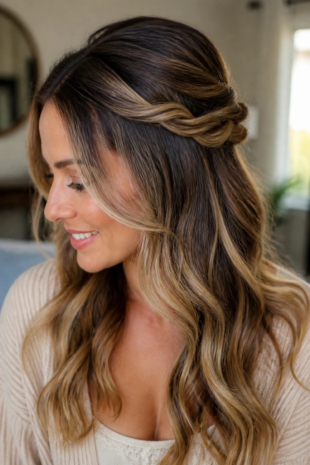 Close-up portrait of a real woman with twisted half-up hairstyle and ribboned balayage in natural light