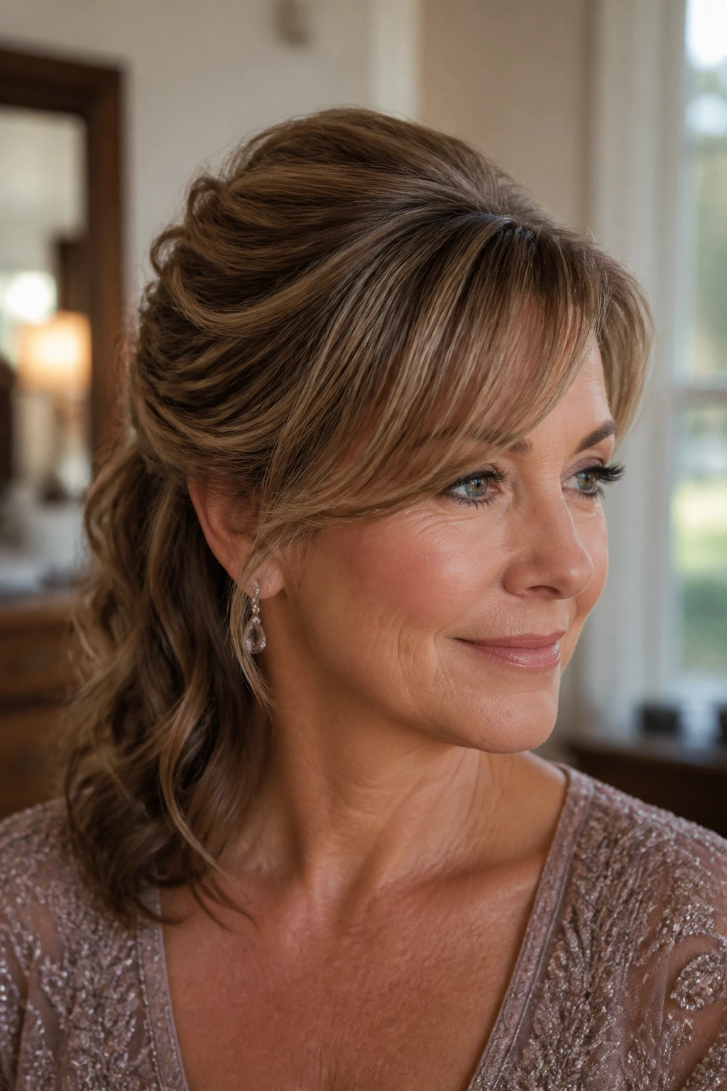 Close-up portrait of a woman with half-up blended side bangs, natural lighting.