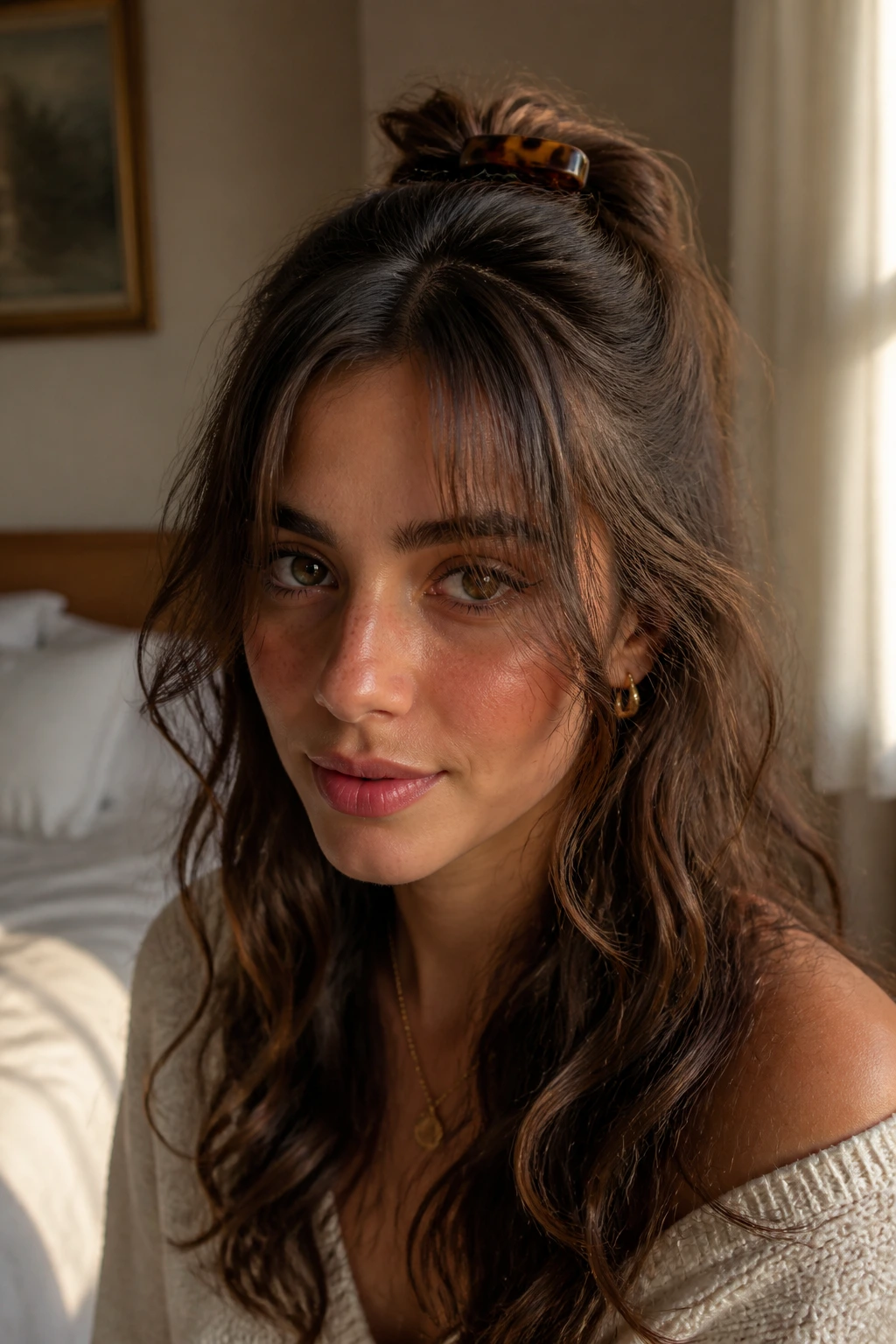Close-up portrait of a real woman with a half-up barrette clip on 2C-wavy hair and curtain bangs