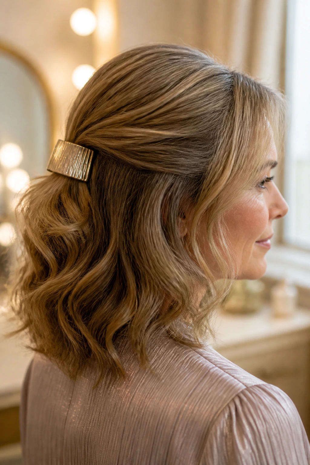 Portrait of a real woman with a half-up hairstyle secured by a large barrette.