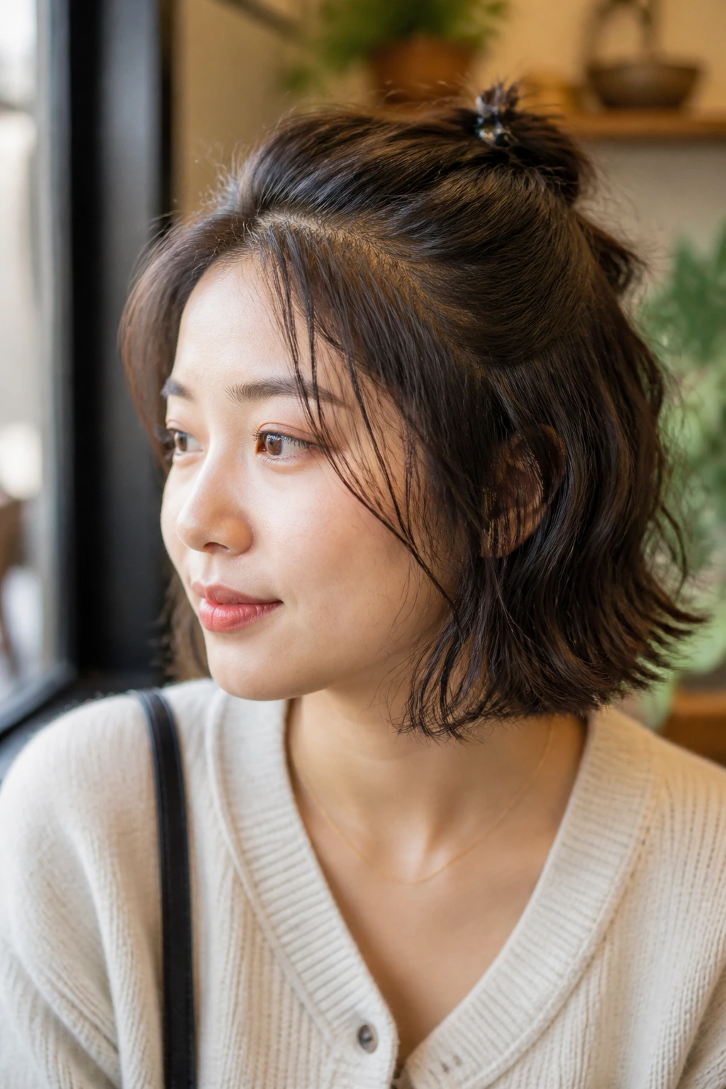 Close-up of a real person with half-up length bob hairstyle