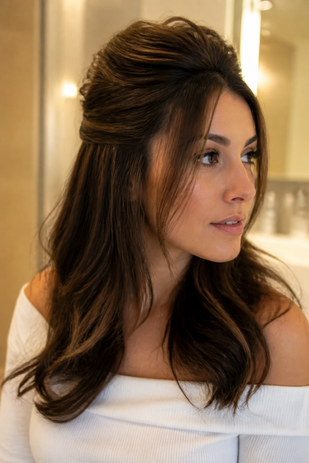 Medium close-up of a woman with half-up bouffant and soft ends