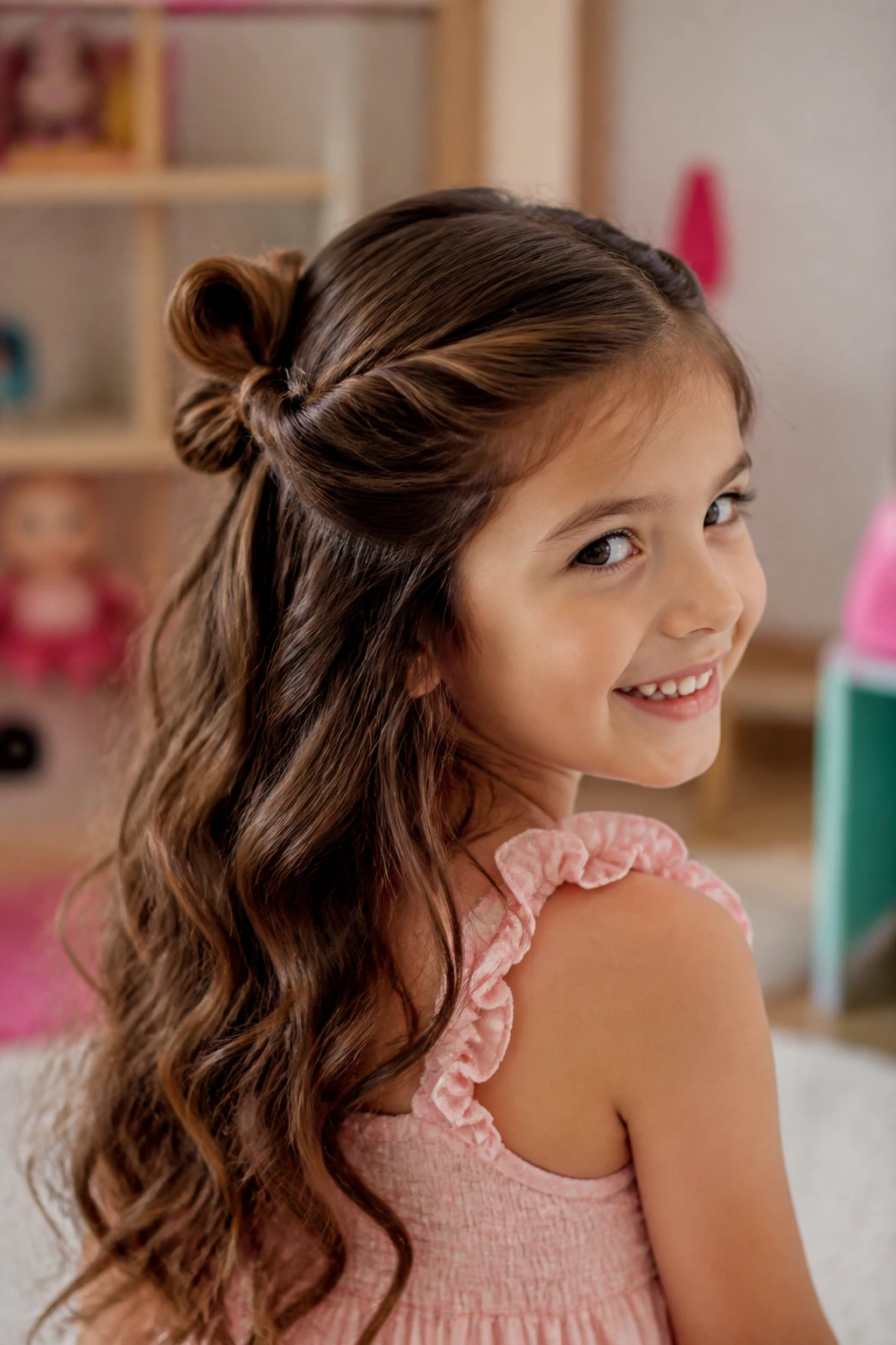 Real child with twisted half-up bow bun visible from the back and side