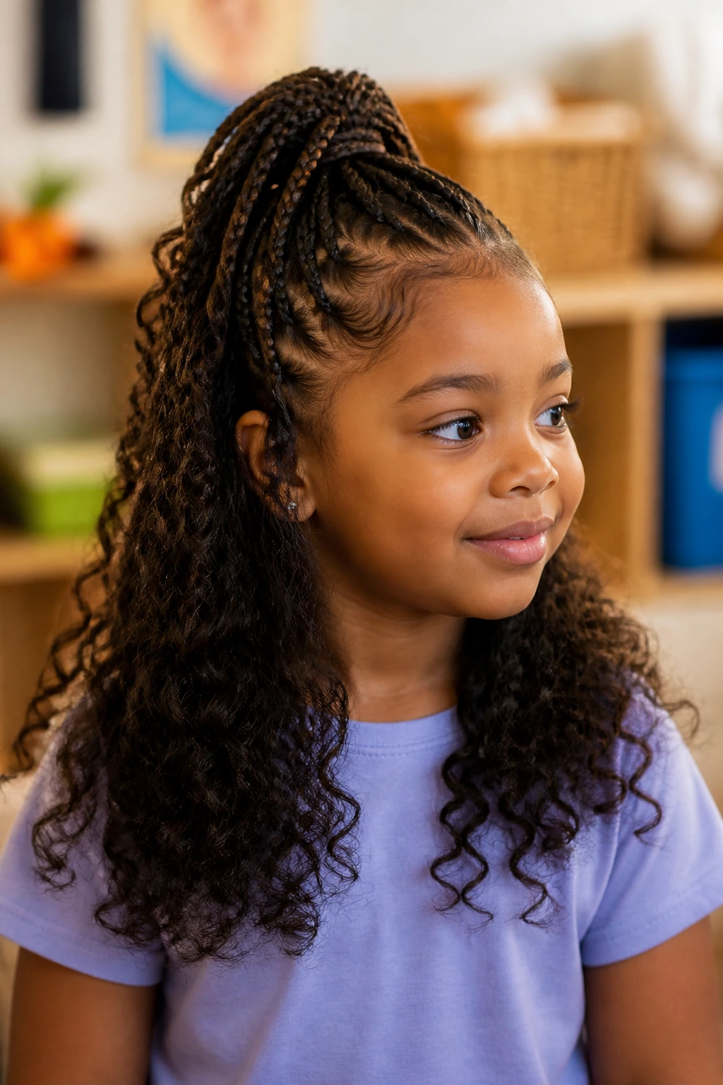 Child with half-up box braids and loose curls, in a warm indoor setting.
