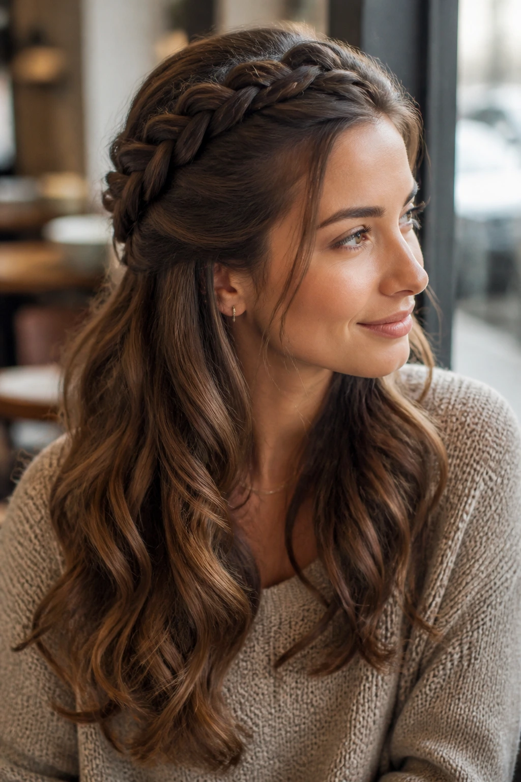 Close-up of a real woman with a half-up French braid cascading into loose hair