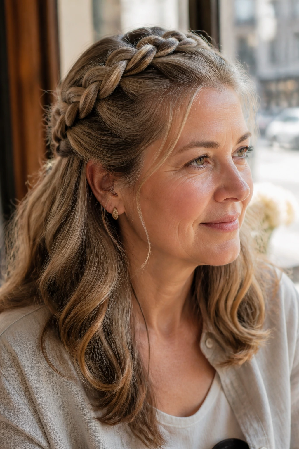 Close-up of a real woman with a wide half-up braided crown and loose waves.