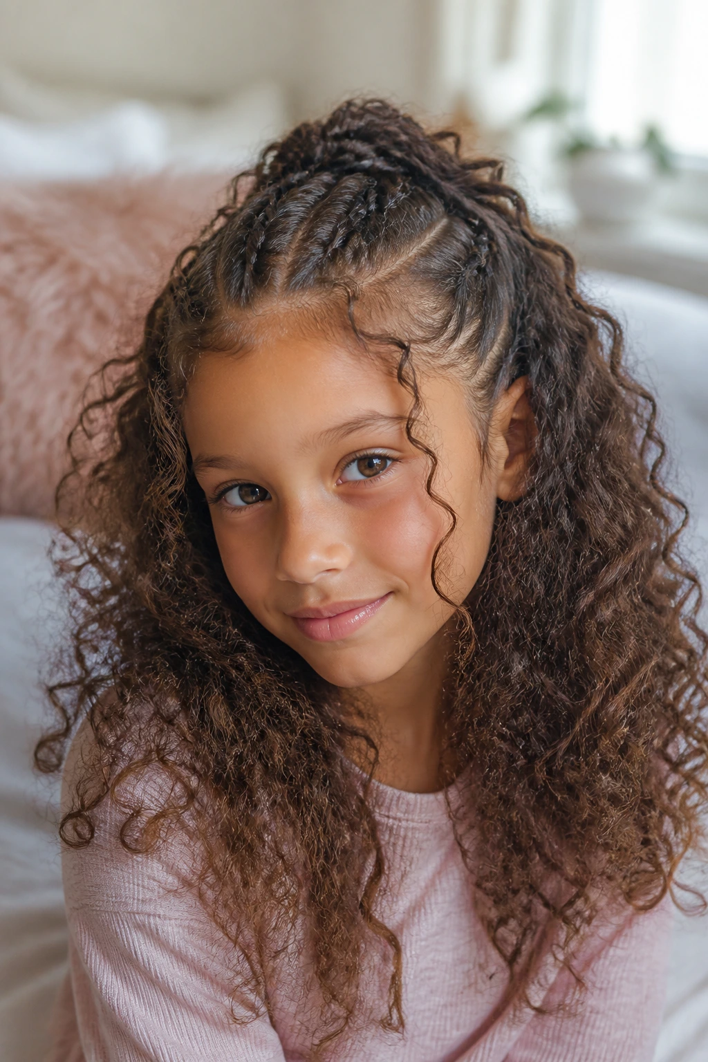 Close-up of a child with half-up braid and loose curls in a cozy indoor setting
