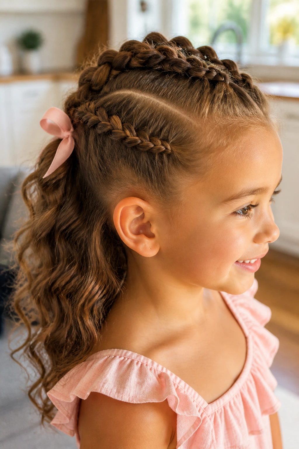 Close-up of a real child with a half-up braided hawk hairstyle.