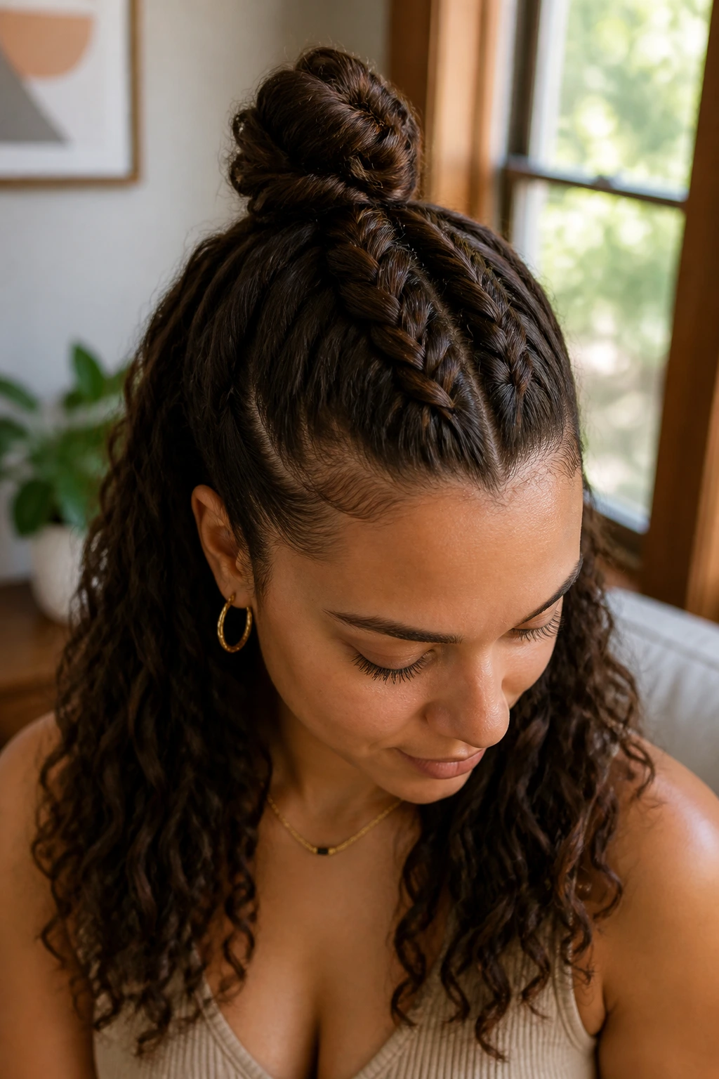 Real person with half-up French braid into a mini bun