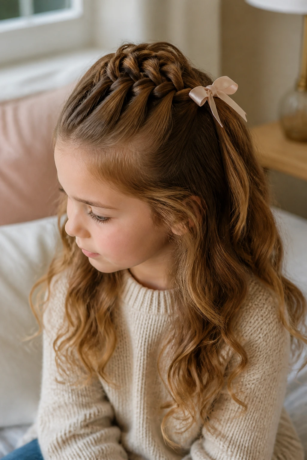 Child with half-up French weave secured with a ribbon