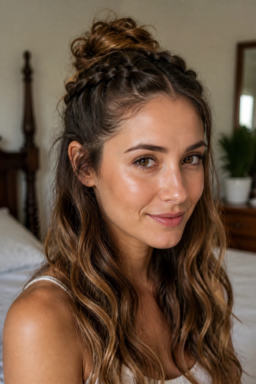 Close-up of a woman with half-up braided bun on long wavy hair