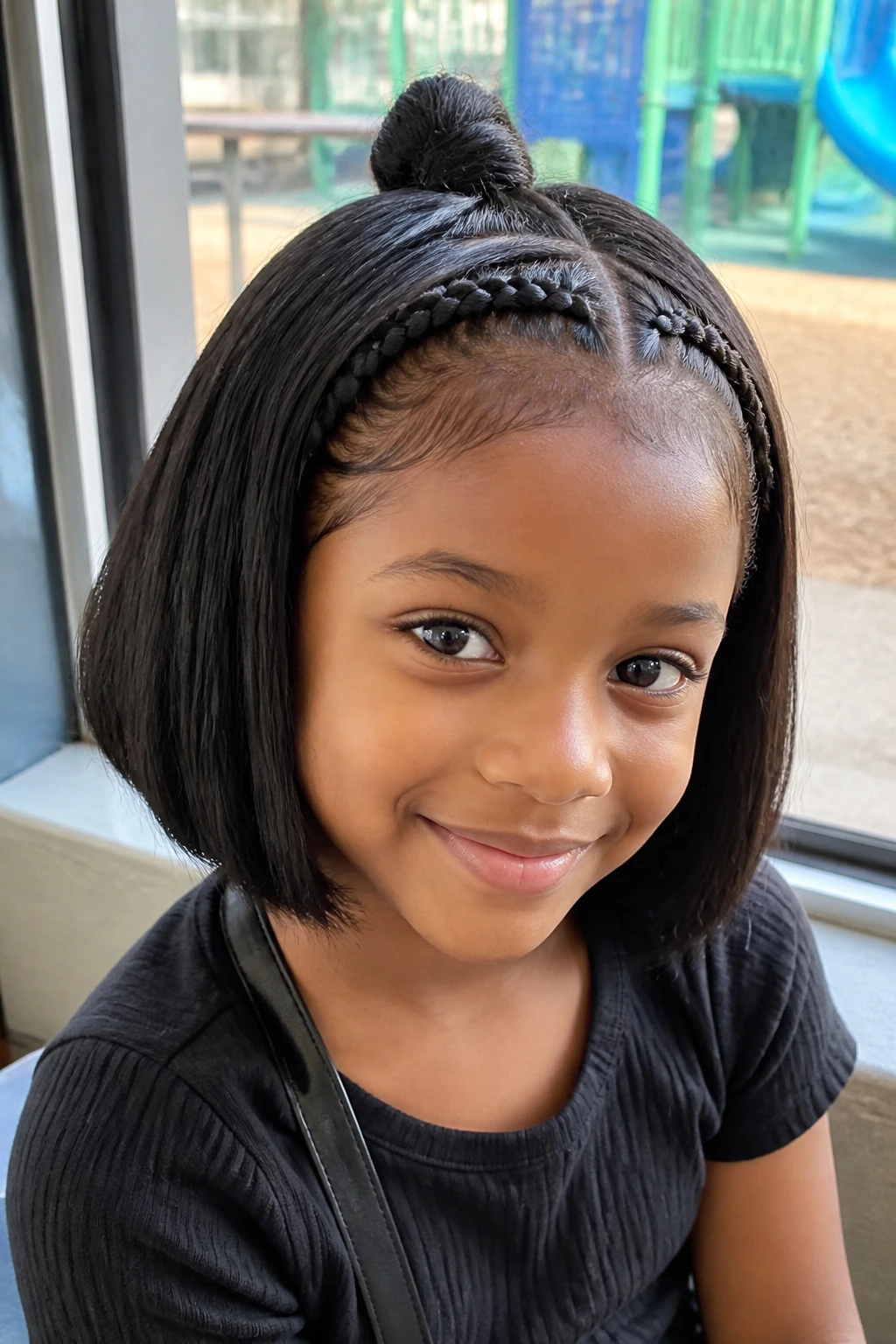 Close-up of a real child wearing a half-up braided-front bob.
