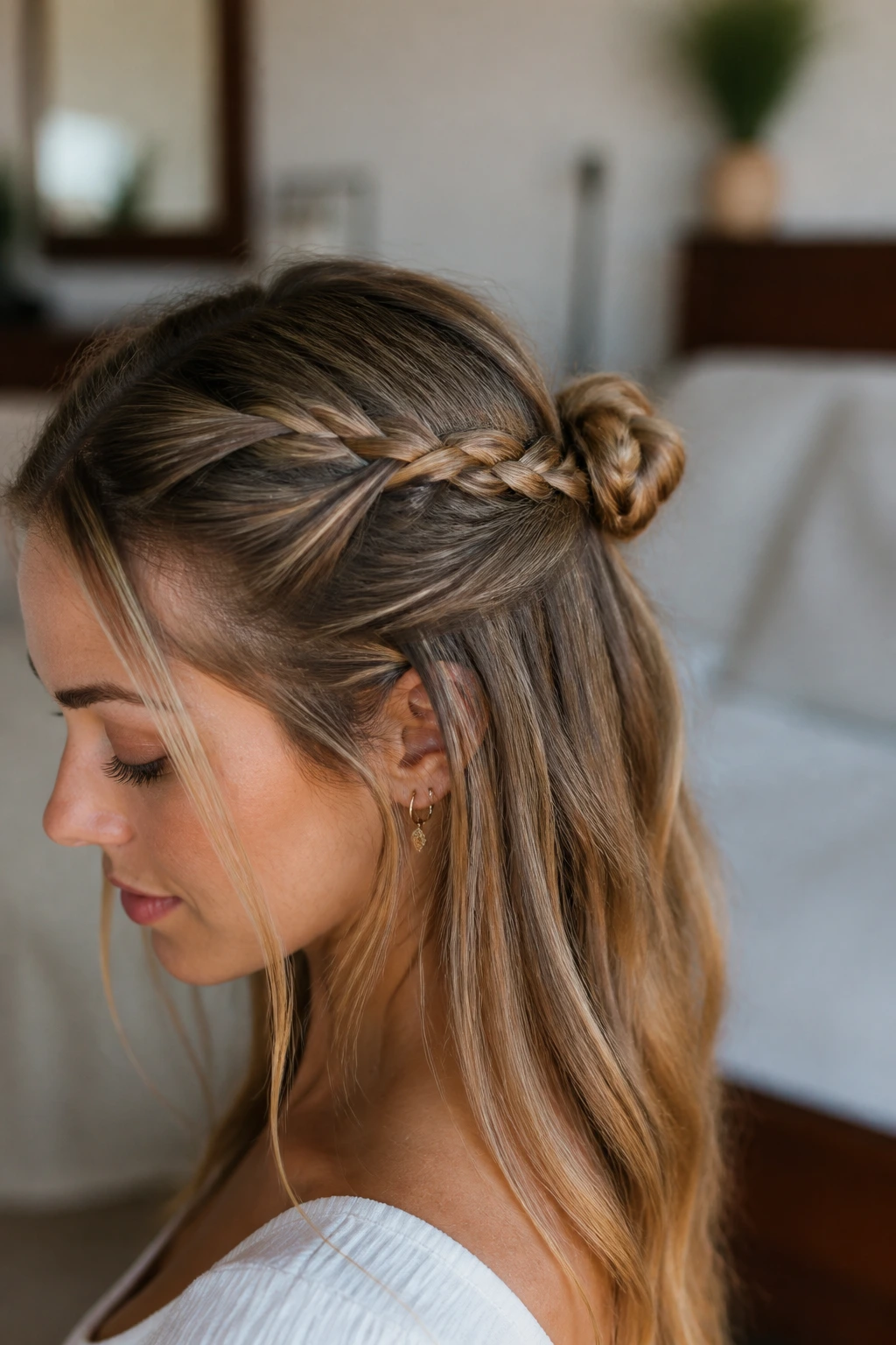 Close-up of a real woman with a half-up braided knot at the crown