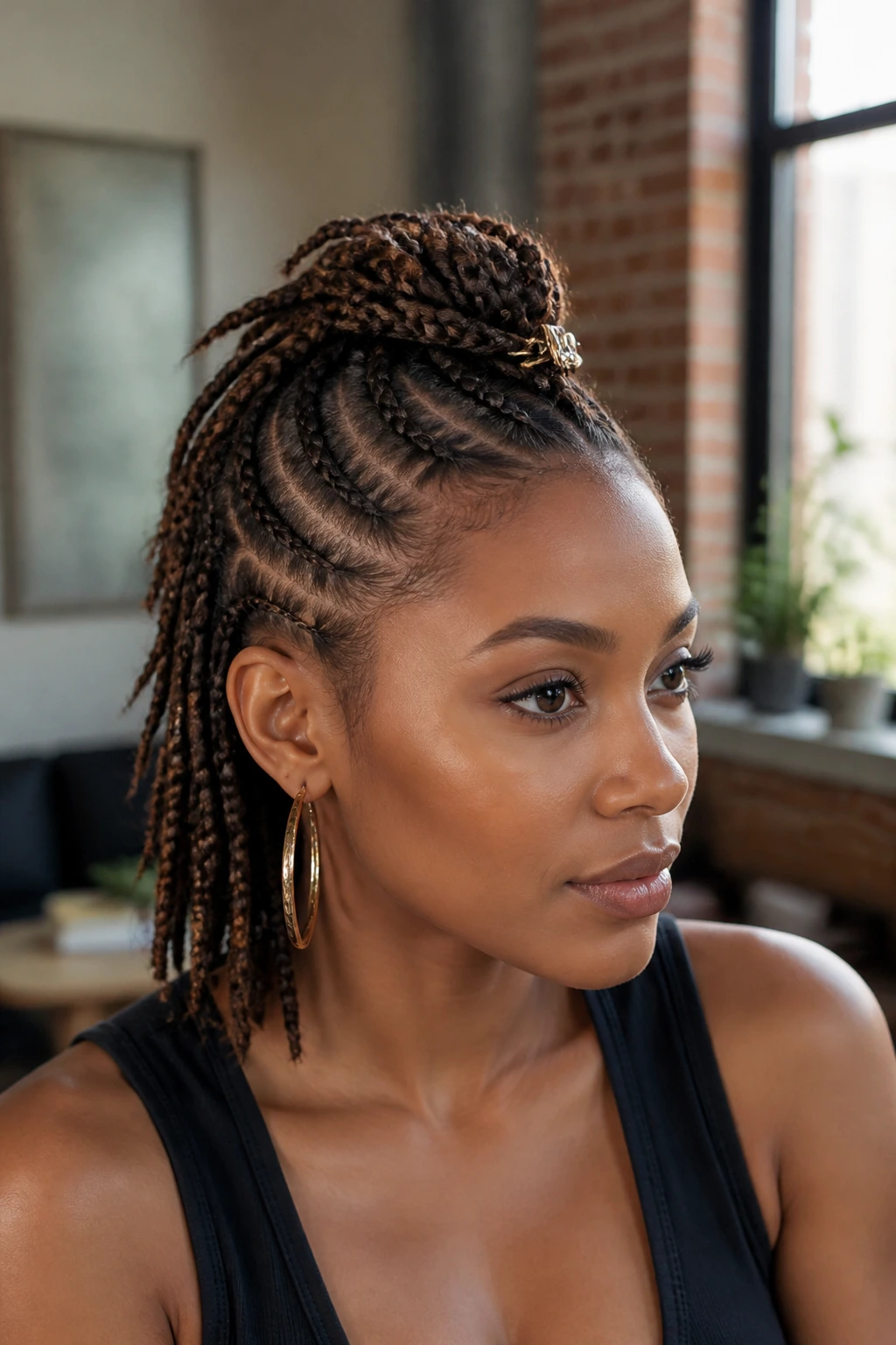 Close-up of real woman with half-up braided mohawk crown lifted