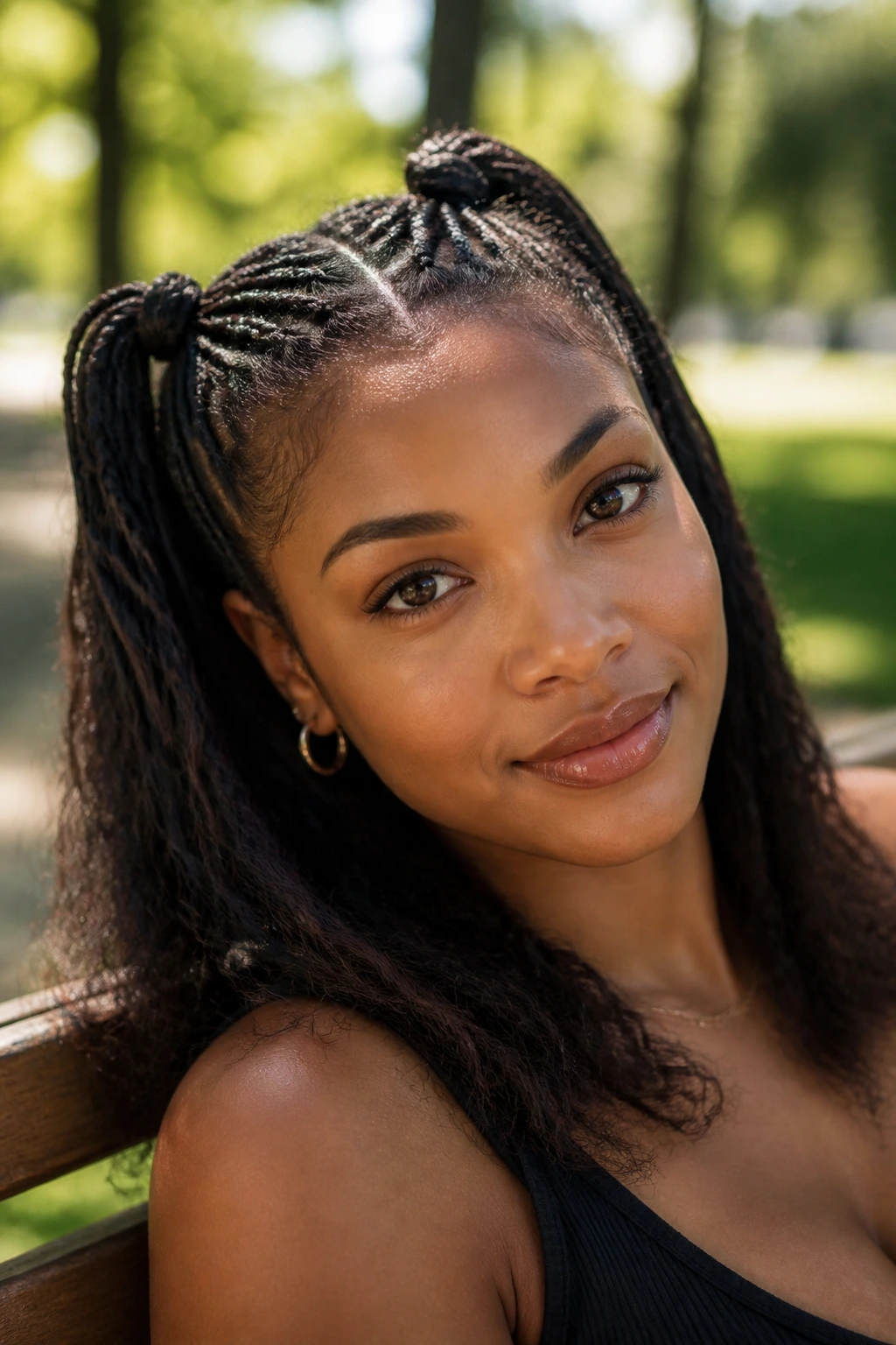Close-up of a real woman with half-up braided pigtails outdoors