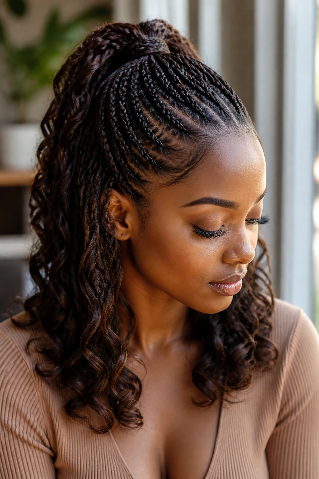 Real woman with a half-up braided ponytail showing the top braid and loose curls