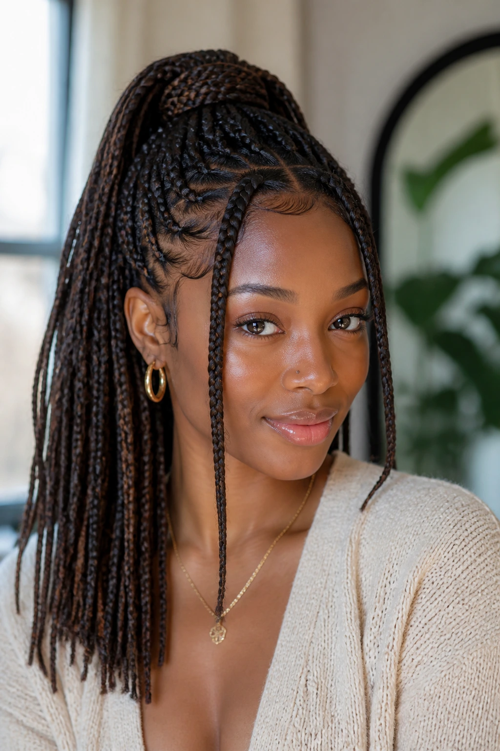 Real woman with half-up braided ponytail wig in bright room