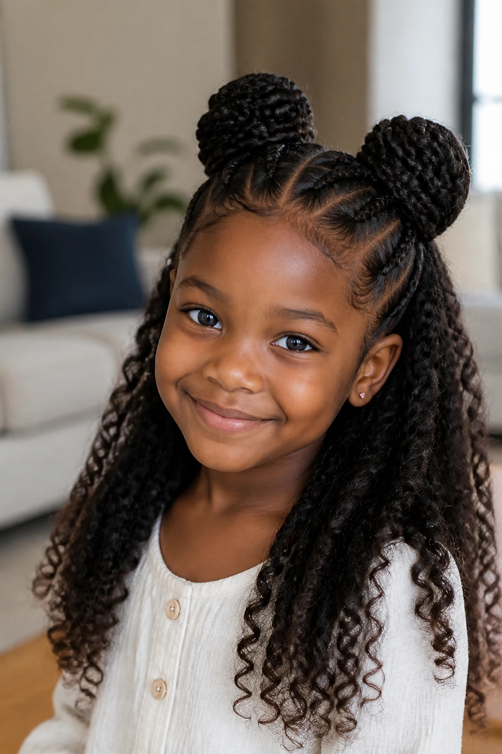 Close-up of a real child with half-up braided puffs and loose length