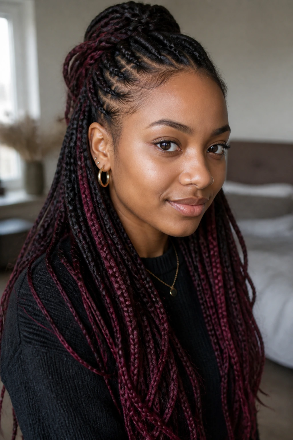 Close-up of a real woman wearing Half-Up, Half-Down Braids with Burgundy Underlayers