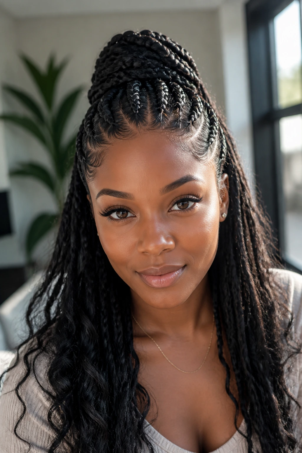 Close-up of a real Black woman with braids forming a crown height on top, hair down below.