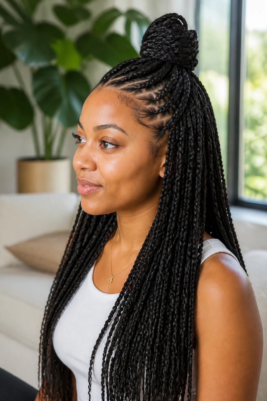 Real woman with half-up, half-down knotless braids in a bright living room