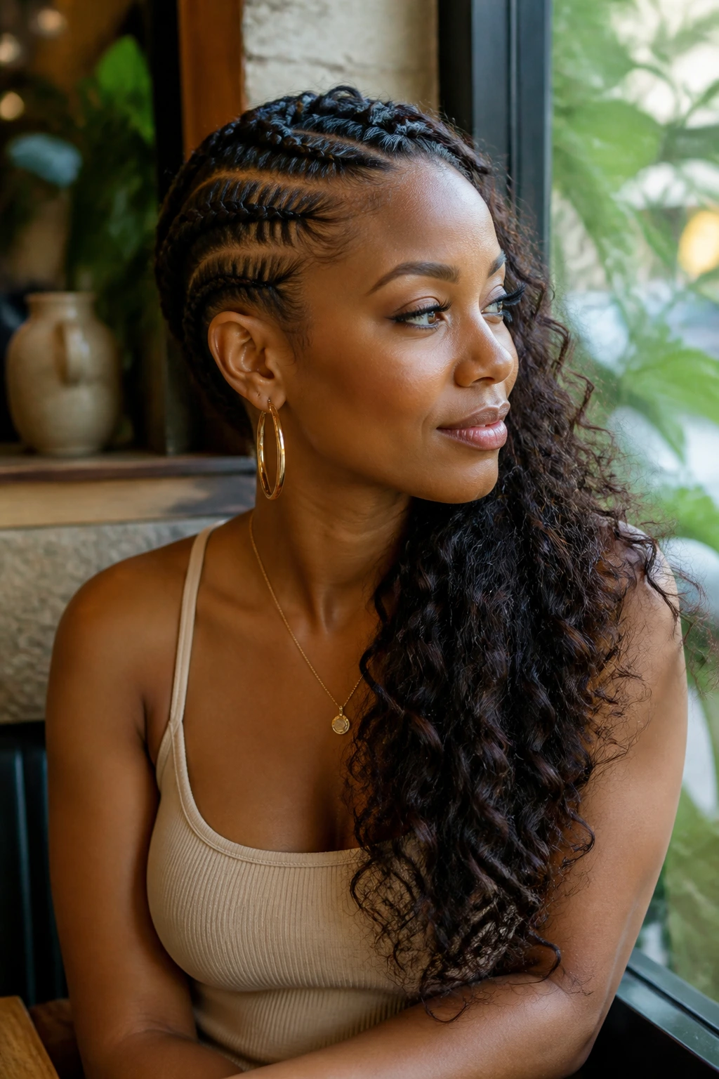 Real woman wearing half-up side braids with open curls over one shoulder in a cafe setting.