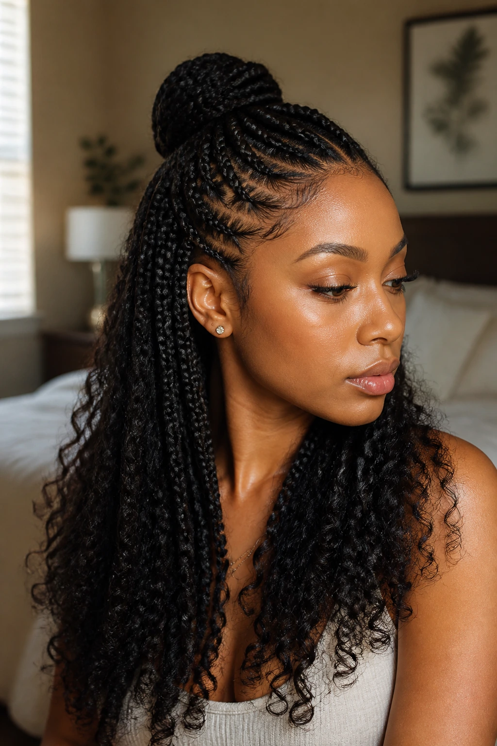 Close-up of a real Black woman wearing half-up, half-down braids with a crown braid