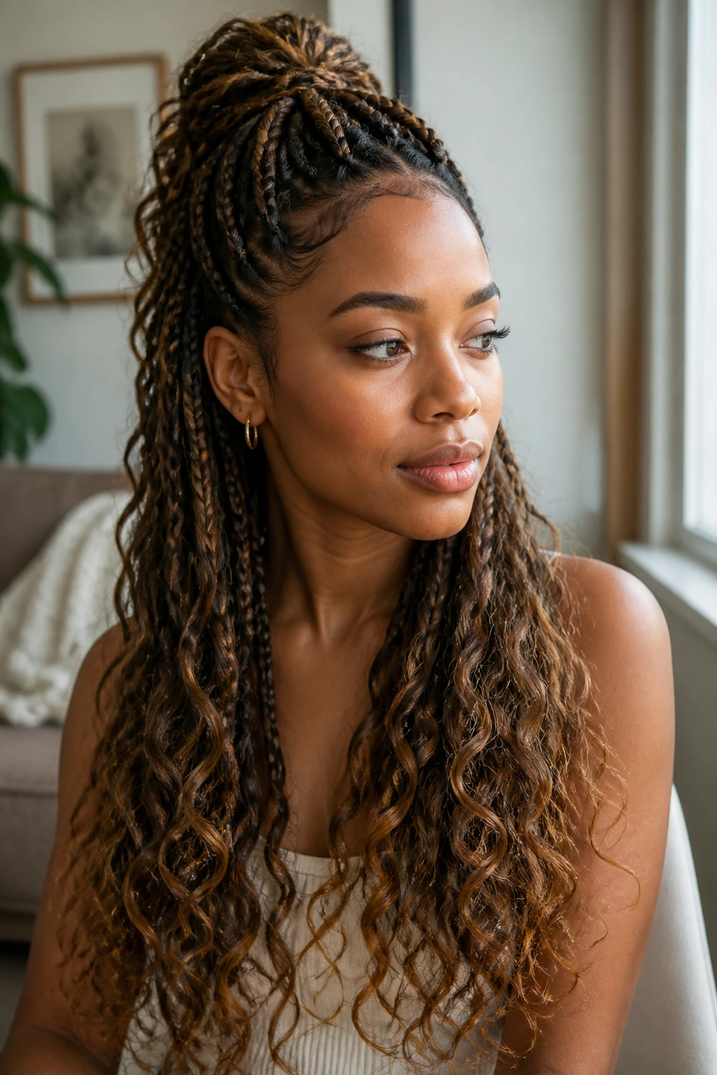 Medium-close portrait of a real woman with half-up boho braids and curly ends