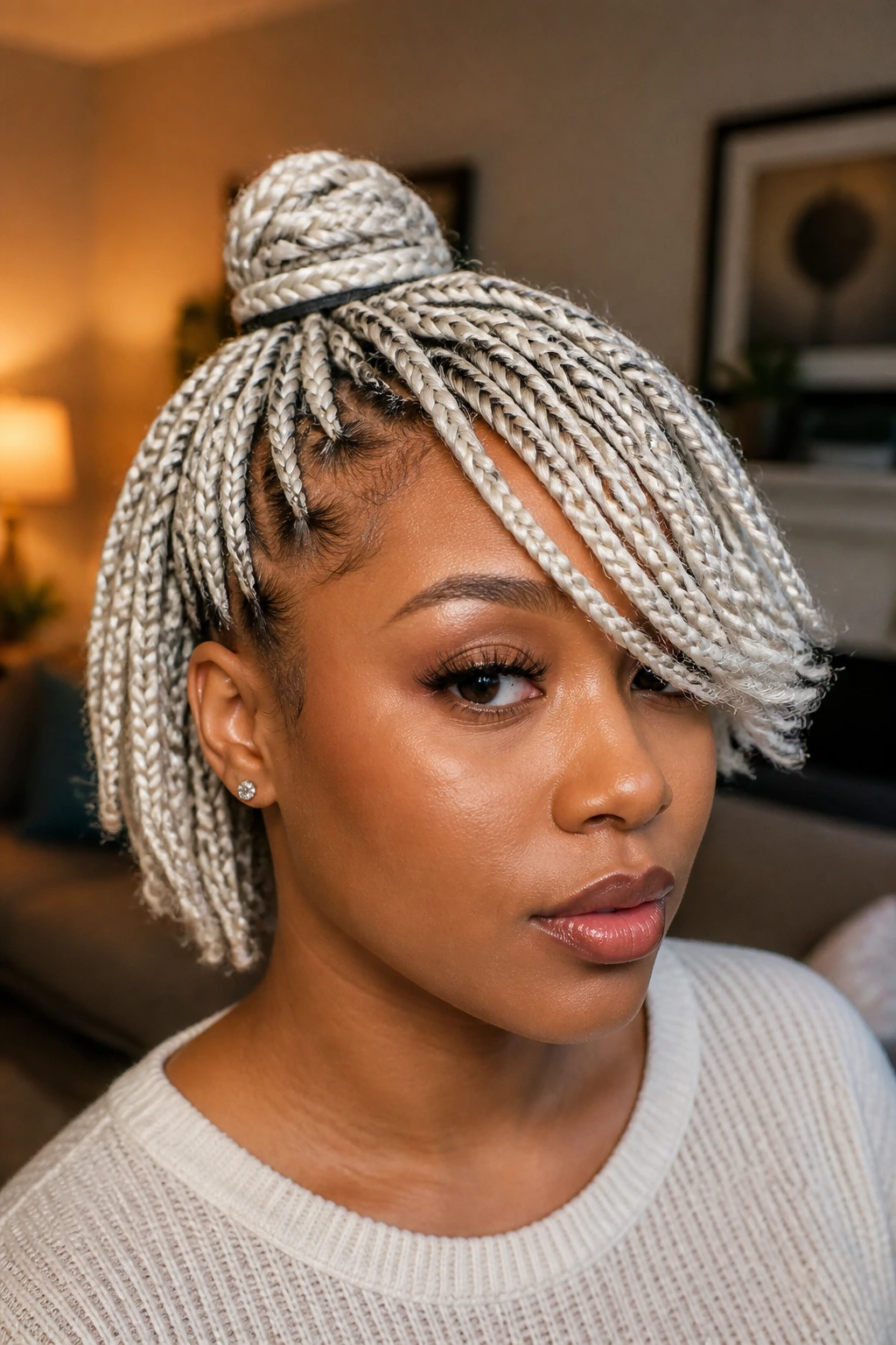 Close-up of a real woman with half-up white braids and a flipped bang.