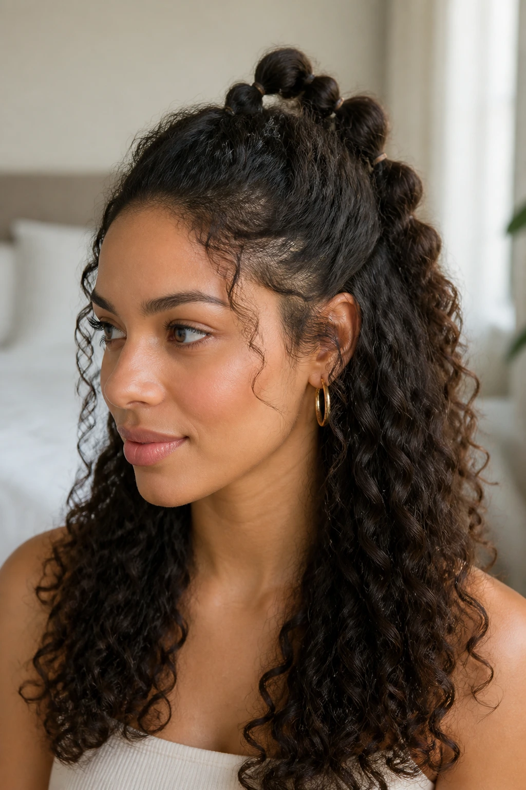 Close-up of a real woman wearing a half-up bubble crown with loose curls