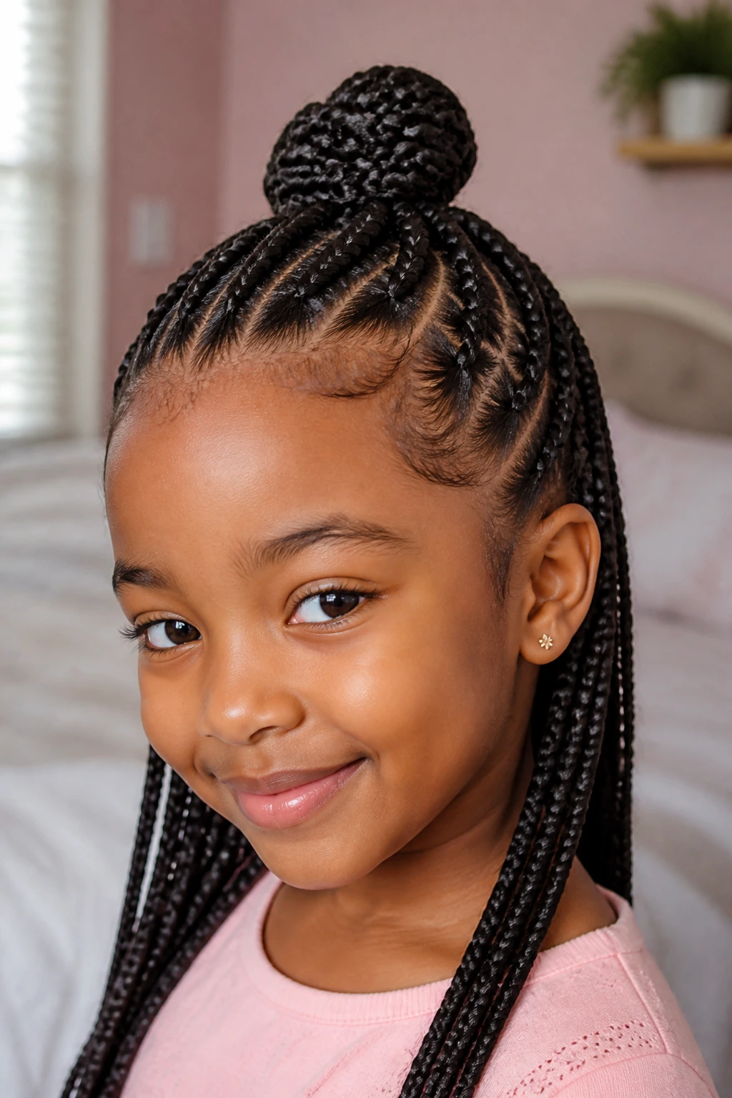 Close-up of real child with half-up top knot bun, crown lift and hanging lower braids