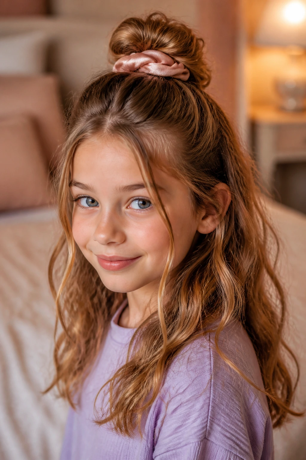 Close-up of real child with half-up bun and loose face pieces