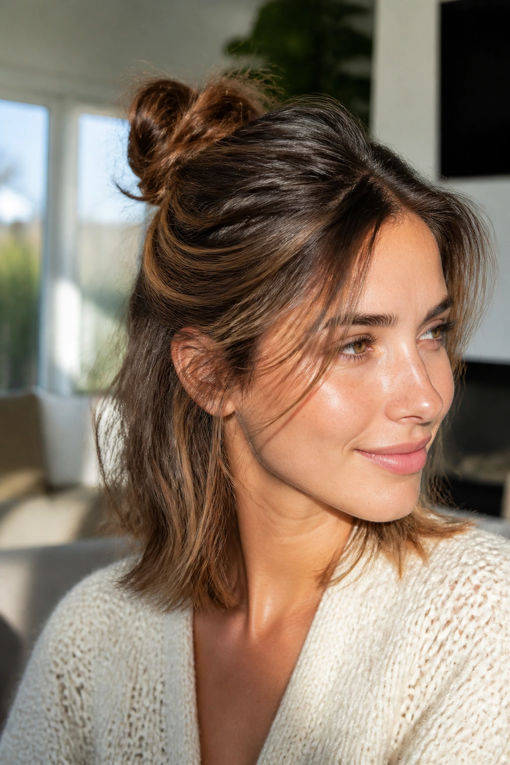 Woman with twisted half-up bun for short layers showing front pieces.