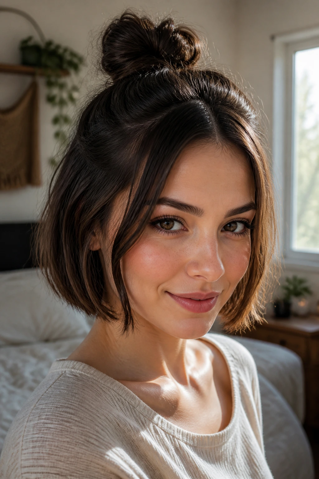 Close-up portrait of a person with a small half-up bun on a chin-length bob in a sunlit bedroom.
