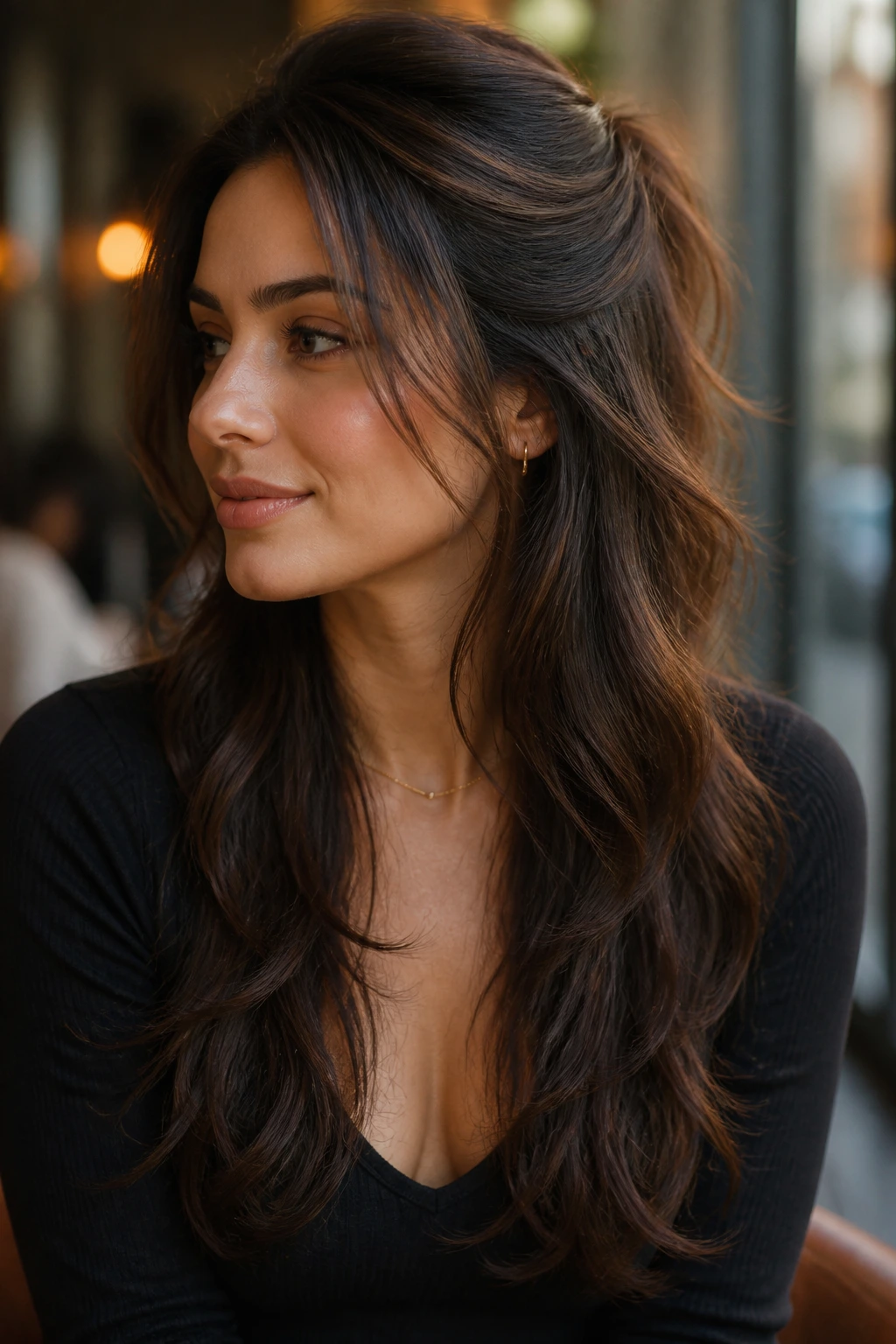 Close-up portrait of a real woman with half-up cascade layers.