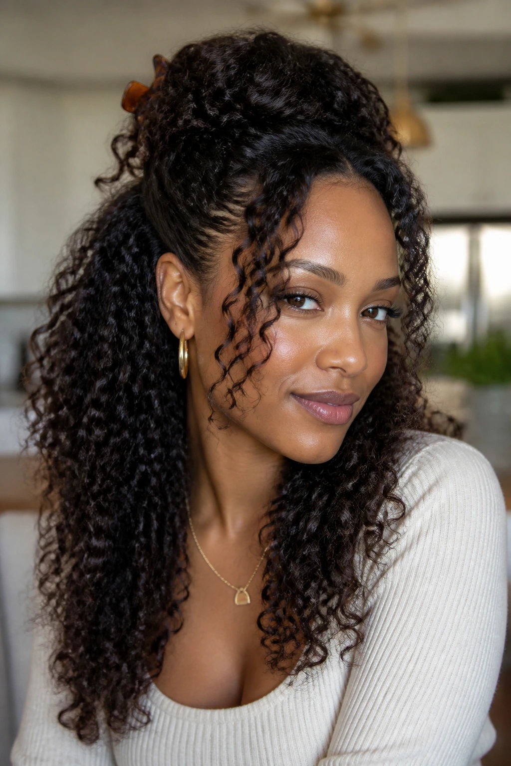 Close-up of a Black woman with half-up style and cascading curls