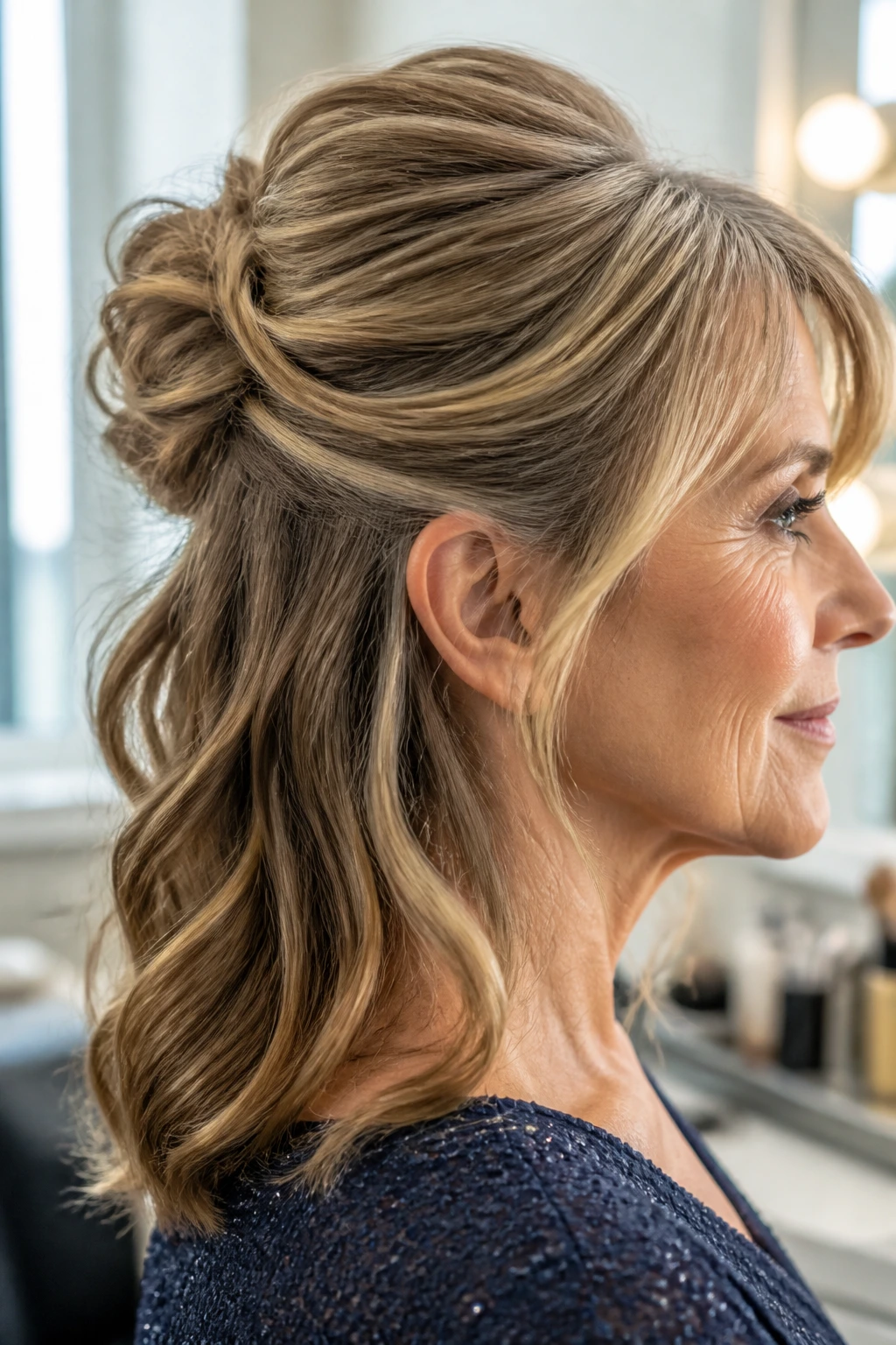 Close-up side portrait of a woman wearing a half-up chignon blend with flowing lower hair