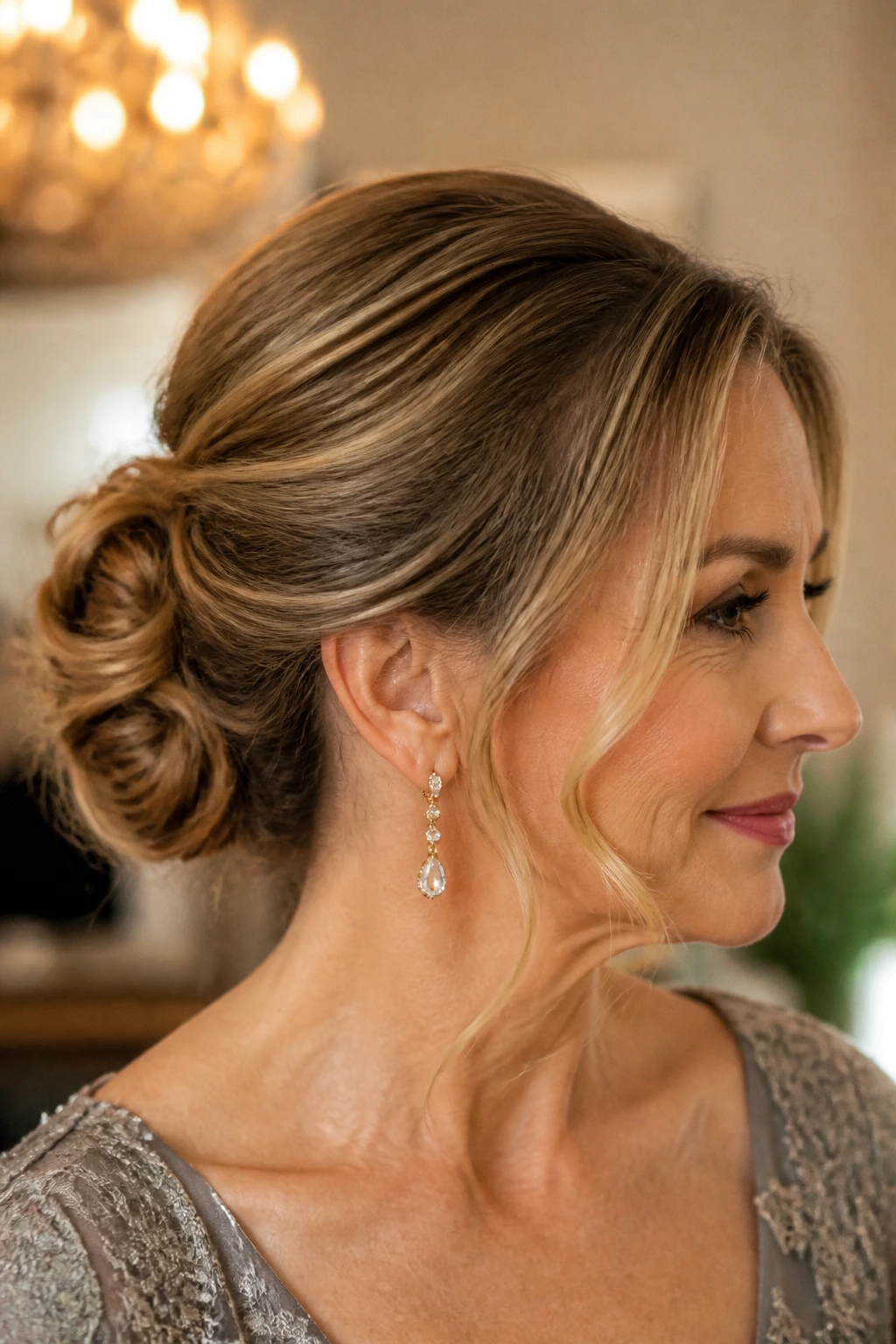 Close-up of woman with a polished half-up chignon and face-framing pieces