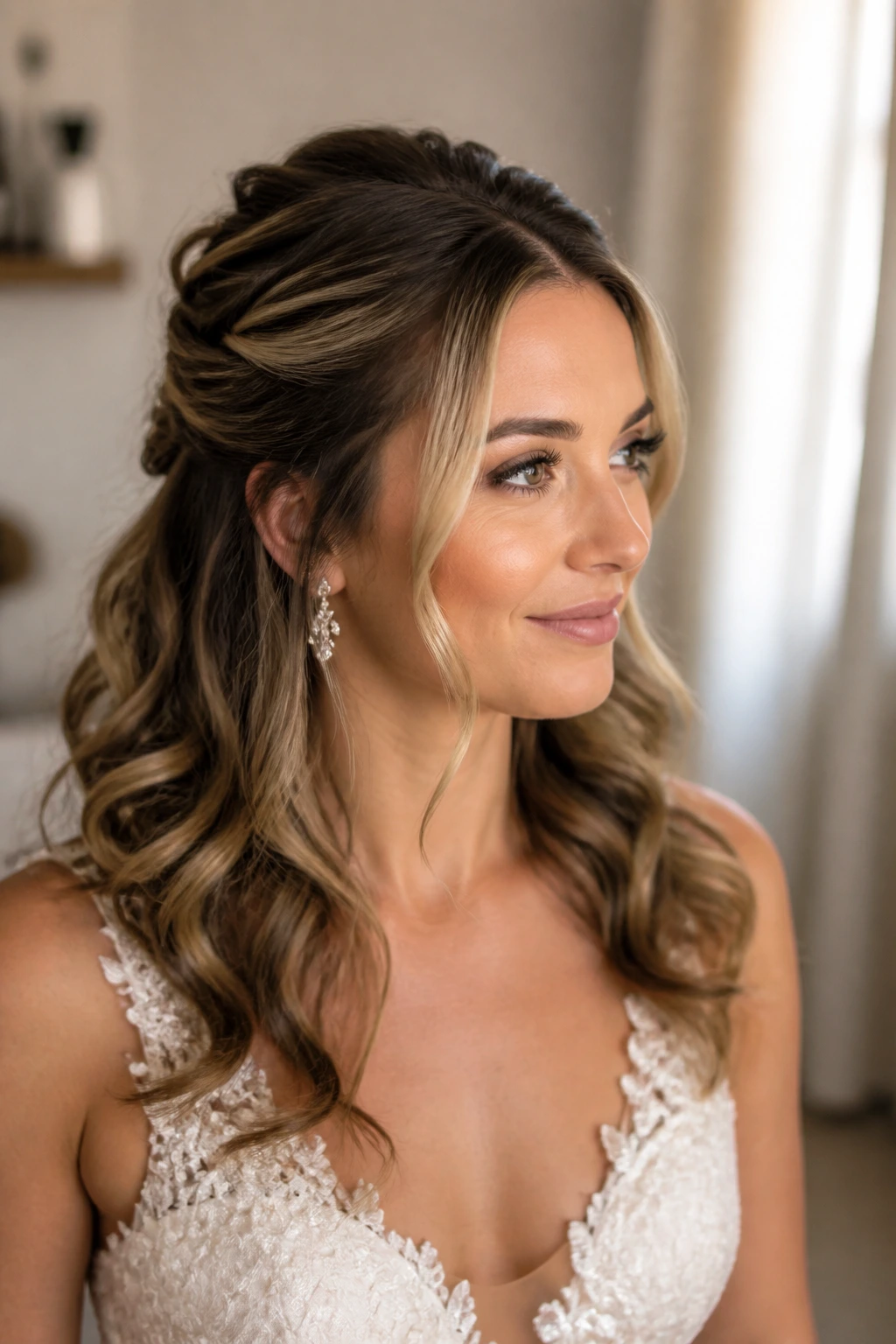 Bride with tailored half-up hairstyle suited to her hair and dress